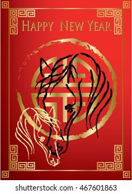 Year of the horse with pattern borders on red background