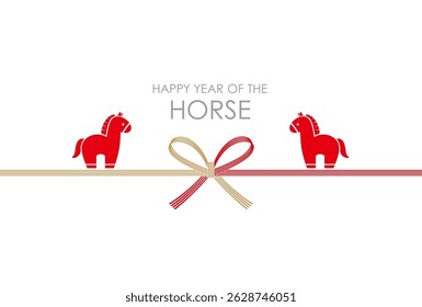 Year Of The Horse Vector New Year’s Card Template With Zodiac Symbol And Vintage Mizuhiki - Japanese Decoration Strings - Isolated On A White Background. 