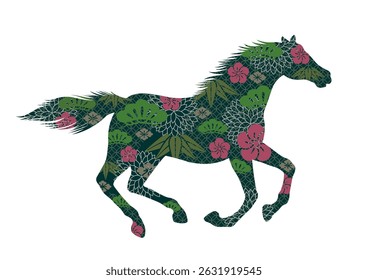 The Year Of The Horse Vector Zodiac Symbol Decorated With Japanese  Vintage Patterns Isolated On A White Background. 