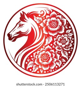 Year of the horse zodiac Round sign or symbol. hand drawn of horse and floral vector illustration. Translation : Horse