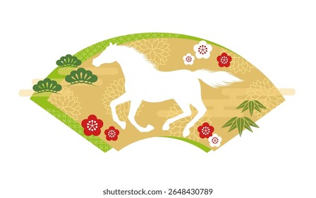 The Year Of The Horse Zodiac Symbol With A Galloping Horse On A Japanese Vintage Fan-Shape Background Isolated On A White Background. Vector Illustration.