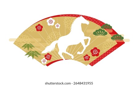 The Year Of The Horse Zodiac Symbol With A Prancing Horse On A Japanese Vintage Fan-Shape Background Isolated On A White Background. Vector Illustration.