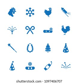 Year icon. collection of 16 year filled icons such as snowflake, pine-tree, candy cane, firework, fireworks, party hat, garland. editable year icons for web and mobile.