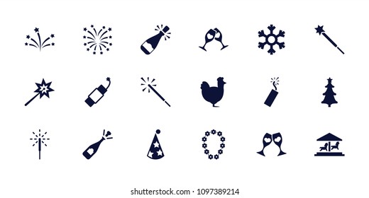 Year icon. collection of 18 year filled icons such as chicken, opened champagne, sparklers, clink glasses, christmas tree, sparkler. editable year icons for web and mobile.