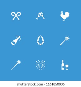 Year icon. collection of 9 year filled icons such as sparklers, candy cane, garland, wine glass and bottle, chicken, opened champagne. editable year icons for web and mobile.