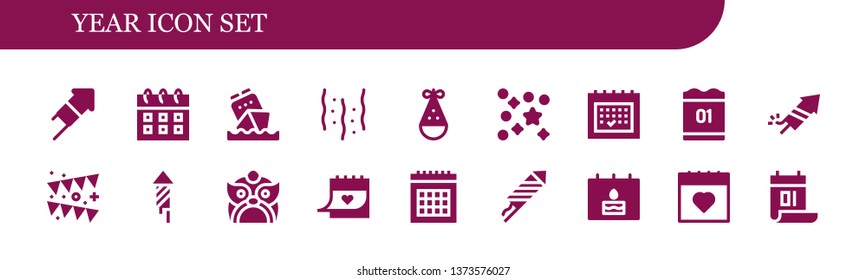 year icon set. 18 filled year icons.  Simple modern icons about  - Fireworks, Calendar, Confetti, Party hat, Garland, Dragon, Birthday