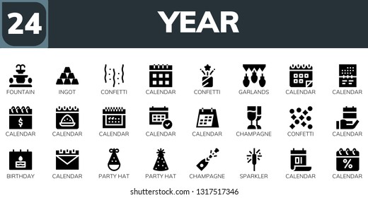 year icon set. 24 filled year icons.  Collection Of - Fountain, Ingot, Confetti, Calendar, Garlands, Champagne, Birthday, Party hat, Sparkler