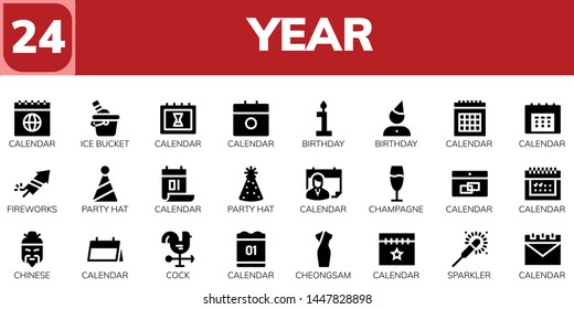 year icon set. 24 filled year icons.  Simple modern icons about  - Calendar, Ice bucket, Birthday, Fireworks, Party hat, Champagne, Chinese, Cock, Cheongsam, Sparkler