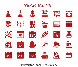  year icon set. 30 filled year icons. Simple modern icons about  - Party hat, Fountain, Garland, Calendar, Ornament, Confetti, Champagne, Ice bucket, Mitten, Sparkler, Rat, Frozen