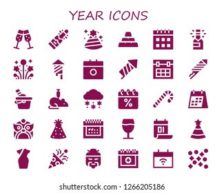  year icon set. 30 filled year icons. Simple modern icons about  - Champagne, Party hat, Ingots, Calendar, Fireworks, Firecracker, Ice bucket, Rat, Snow, Candy cane, Dragon, Cheongsam