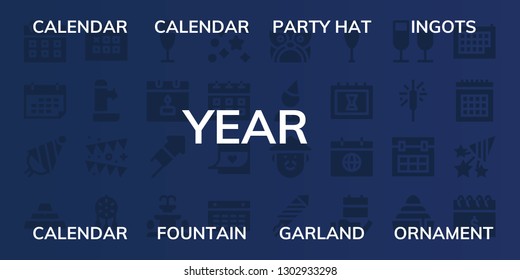  year icon set. 32 filled year icons. on blue background style Simple modern icons about  - Calendar, Party hat, Ingots, Fountain, Garland, Ornament, Champagne, Fireworks, Confetti