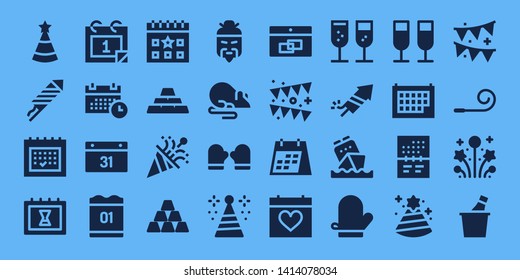 year icon set. 32 filled year icons. on blue background style Collection Of - Party hat, Fireworks, Calendar, Schedule, Ingots, Confetti, Ingot, Chinese, Rat, Mitten, Garland