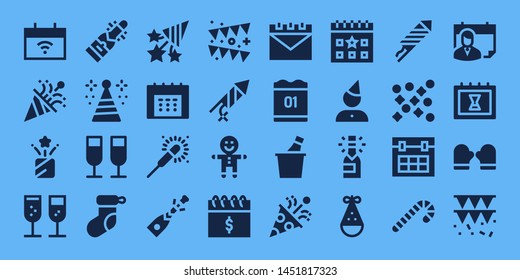 year icon set. 32 filled year icons. on blue background style Collection Of - Calendar, Confetti, Champagne, Party hat, Christmas sock, Sparkler, Garland, Firecracker, Gingerbread