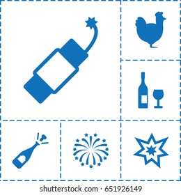 Year icon. set of 6 year filled icons such as chicken, opened champagne, firework, fireworks
