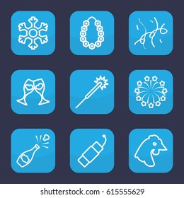 Year icon. set of 9 outline year icons such as chicken, sparklers, clink glasses, firework, fireworks, confetti, garland, snowflake