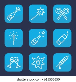 Year icon. set of 9 outline year icons such as clink glasses, candy cane, sparkler, fireworks, firework, opened champagne, champagne