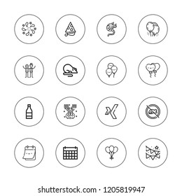 Year icon set. collection of 16 outline year icons with balloons, calendar, champagne, celebration, dragon, garland, fireworks, party hat, rat, rats, reindeer icons.