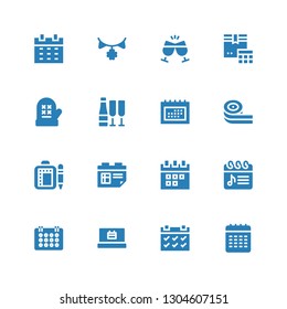 year icon set. Collection of 16 filled year icons included Calendar, Schedule, Belts candy, Champagne, Mitten, Cheers, Garland
