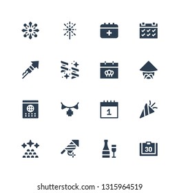 year icon set. Collection of 16 filled year icons included Calendar, Champagne, Firework, Ingots, Confetti, Garland, Chinese, Fireworks, Schedule