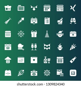 year icon set. Collection of 36 filled year icons included Calendar, Fireworks, Confetti, Champagne, Chinese, Fountain, Garland, Mitten, Schedule, Elf, Party hat, Present, Cheers
