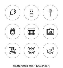 Year icon set. collection of 9 outline year icons with balloon, calendar, champagne, chinese, dragon, garlands, party hat icons. editable icons.