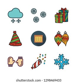 year icon set. vector set about calendar, mittens, snowflake and christmas present icons set.