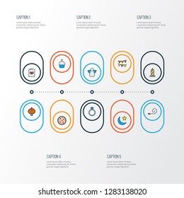 Year icons colored line set with party blower, chinese lantern, christmas angel and other engagement elements. Isolated vector illustration year icons.