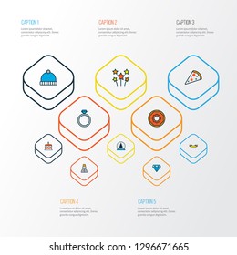 Year icons colored line set with cake, celebration fireworks, winter hat and other ribbon elements. Isolated vector illustration year icons.