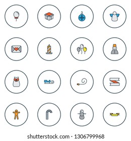 Year icons colored line set with paraffin, helium, christmas ball and other popper whistle elements. Isolated vector illustration year icons.