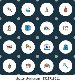 Year icons colored line set with fireworks, paraffin, petard and other ringing elements. Isolated vector illustration year icons.