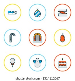 Year icons colored line set with cake, ribbon banner, fireplace and other birthday dessert elements. Isolated vector illustration year icons.