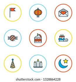 Year icons colored line set with love letter, santa gift, moon with star and other cap elements. Isolated vector illustration year icons.