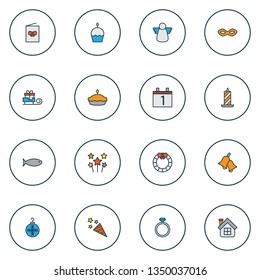 Year icons colored line set with ring, postcard, door decoration and other sparkle elements. Isolated vector illustration year icons.