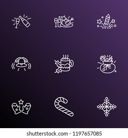 Year icons line style set with christmas diner, champagne, bell and other teacup elements. Isolated vector illustration year icons.