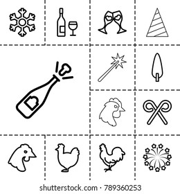 Year icons. set of 13 editable outline year icons such as chicken, opened champagne, pine-tree, clink glasses, candy cane, fireworks, snowflake, wine glass and bottle