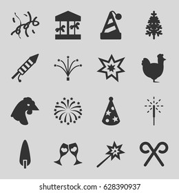 Year icons set. set of 16 year filled icons such as chicken, pine-tree, clink glasses, candy cane, sparkler, fireworks, party hat, confetti, sparklers