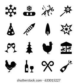 Year icons set. set of 16 year filled icons such as chicken, opened champagne, pine-tree, clink glasses, christmas tree, candy cane, fireworks, party hat, confetti, snowflake