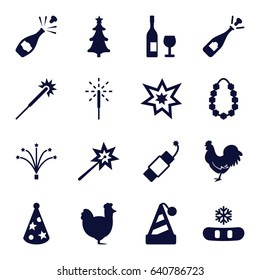 Year icons set. set of 16 year filled icons such as chicken, sparklers, opened champagne, christmas tree, sparkler, firework, fireworks, party hat, garland