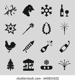 Year icons set. set of 16 year filled icons such as chicken, sparklers, pine-tree, sparkler, fireworks, firework, confetti, garland, snowflake, wine glass and bottle