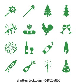 Year icons set. set of 16 year filled icons such as chicken, sparklers, opened champagne, pine-tree, clink glasses, christmas tree, sparkler, fireworks, firework, party hat