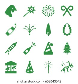 Year icons set. set of 16 year filled icons such as chicken, opened champagne, pine-tree, candy cane, sparkler, fireworks, firework, party hat, confetti, garland, sparklers