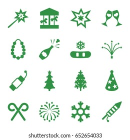 Year icons set. set of 16 year filled icons such as pine-tree, clink glasses, christmas tree, candy cane, fireworks, firework, party hat, garland, snowflake, champagne