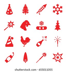 Year icons set. set of 16 year filled icons such as chicken, sparklers, pine-tree, christmas tree, sparkler, fireworks, firework, party hat, snowflake
