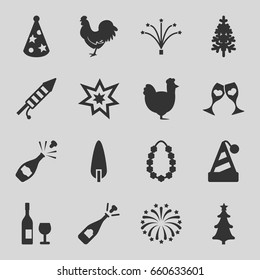 Year icons set. set of 16 year filled icons such as chicken, opened champagne, pine-tree, clink glasses, christmas tree, fireworks, party hat, garland, wine glass and bottle