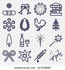 Year icons set. set of 16 year outline icons such as chicken, pine-tree, clink glasses, candy cane, sparkler, fireworks, confetti, garland, snowflake, wine glass and bottle