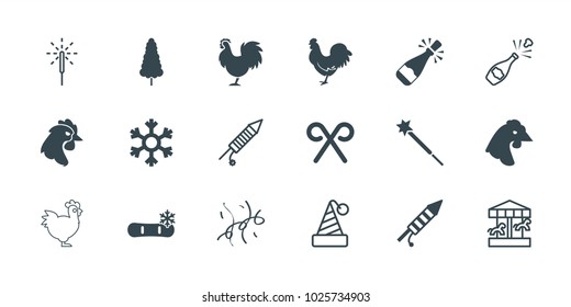 Year icons. set of 18 editable filled and outline year icons: chicken, candy cane, fireworks, snowflake, party hat, carousel, sparkler, confetti, champagne, sparklers