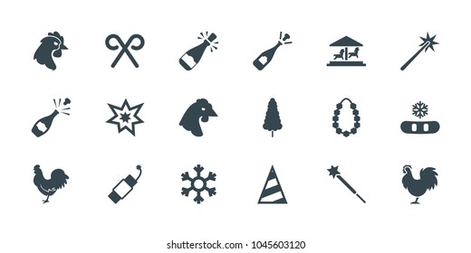Year icons. set of 18 editable filled year icons: chicken, opened champagne, snowflake, candy cane, firework, fireworks, garland, champagne, sparklers, party hat, carousel