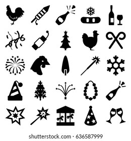 Year icons set. set of 25 year filled icons such as chicken, sparklers, opened champagne, pine-tree, clink glasses, christmas tree, candy cane, fireworks, firework, party hat