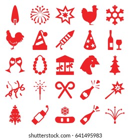 Year icons set. set of 25 year filled icons such as chicken, opened champagne, pine-tree, clink glasses, christmas tree, candy cane, sparkler, fireworks, firework, party hat