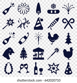 Year icons set. set of 25 year filled icons such as chicken, sparklers, opened champagne, pine-tree, clink glasses, christmas tree, candy cane, sparkler, fireworks, firework